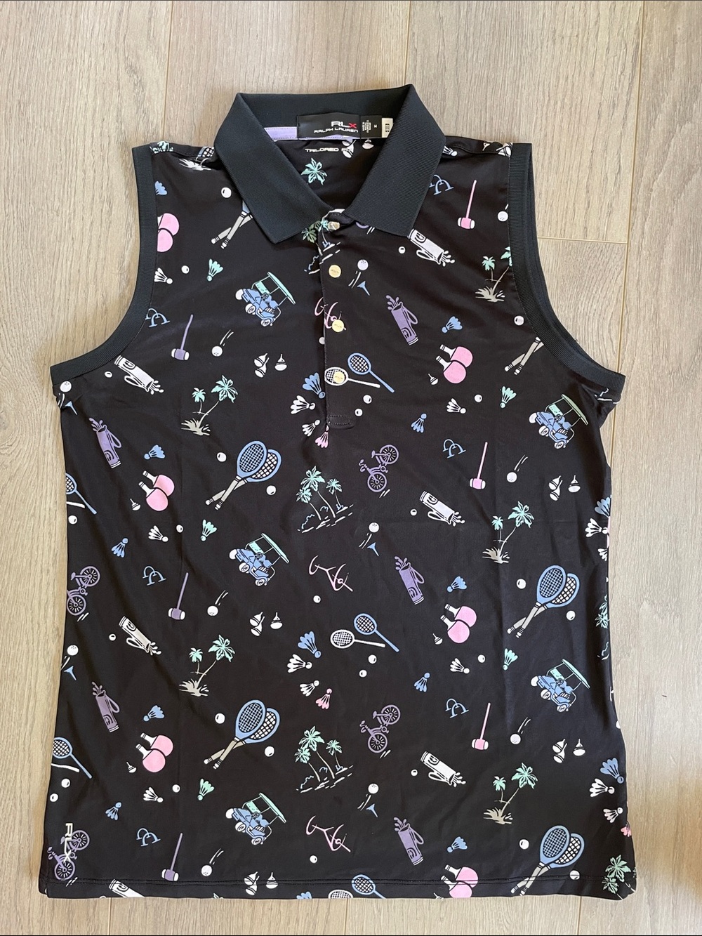 RLX Ralph Lauren Black Sleeveless Polo with Pastel Sports Motif